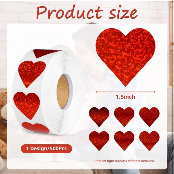NWT (500) - 1.5” Red Heart Valentine Stickers Heart Sticker Roll Hearts - Picture 6 of 6